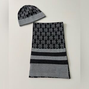 Michael Kors Logo Printed winter scarf and hat set. Black and silver pri…
